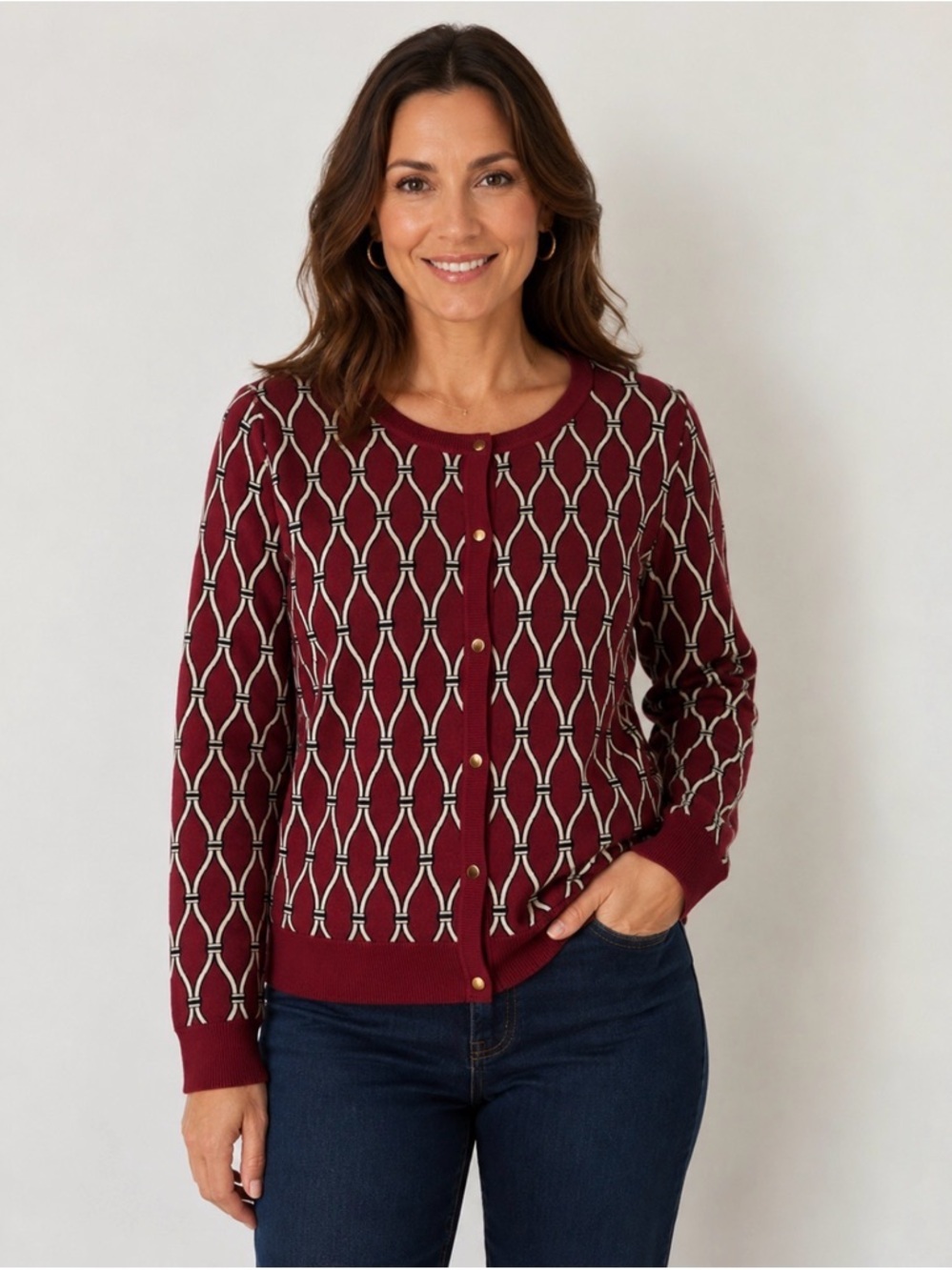 Talbots NWT Pure Marino Wool Geometric Button-Up Cardigan Sweater Burgundy XLP